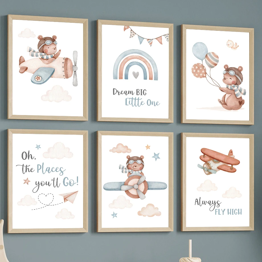Airplane Bear Balloon Rainbow Dream Quote Wall Art Canvas Painting Nordic Posters And Prints Cartoon Wall Pictures For Kids Room