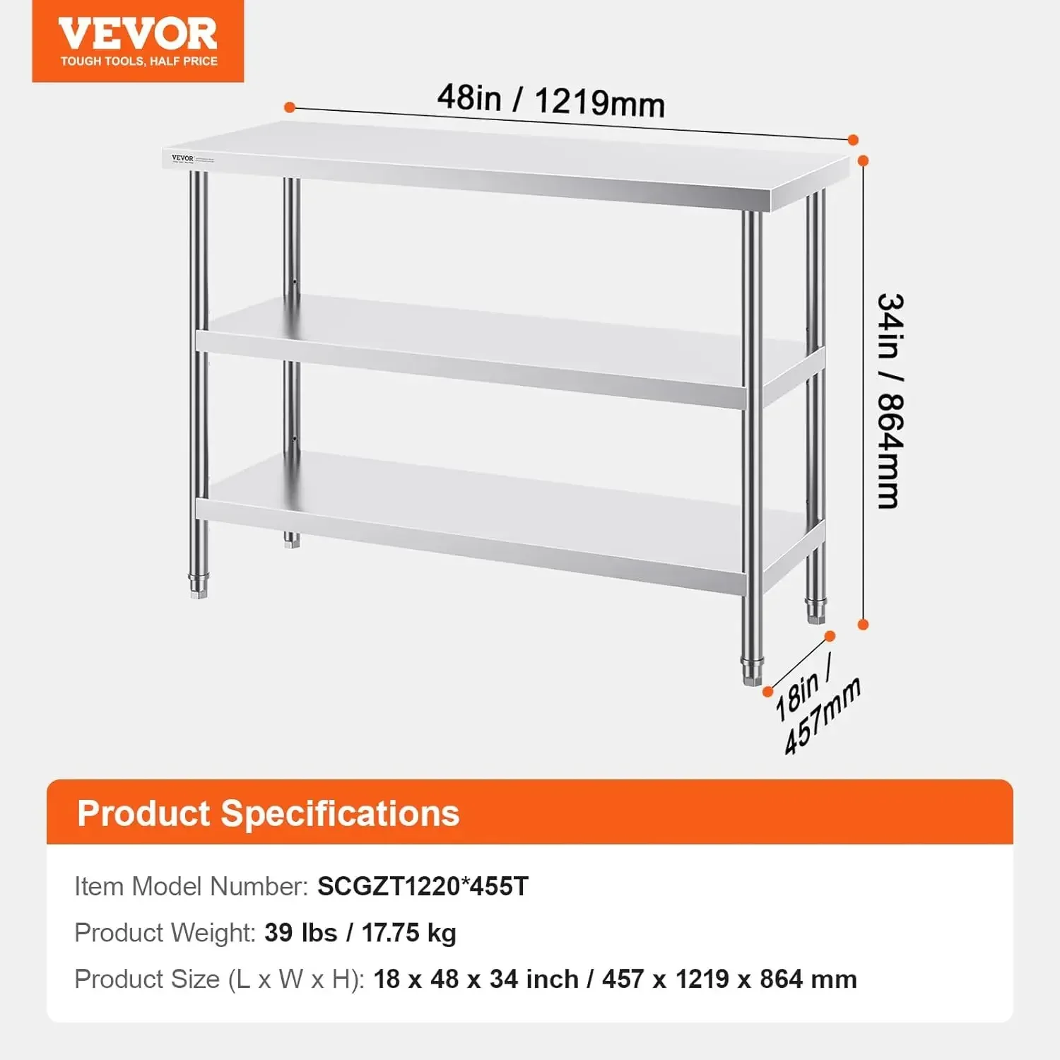 Mesa de preparação de alimentos de aço inoxidável, mesa de trabalho de cozinha comercial de 18 x 48 x 34 polegadas, com 2 undershelf ajustáveis, T de preparação resistente