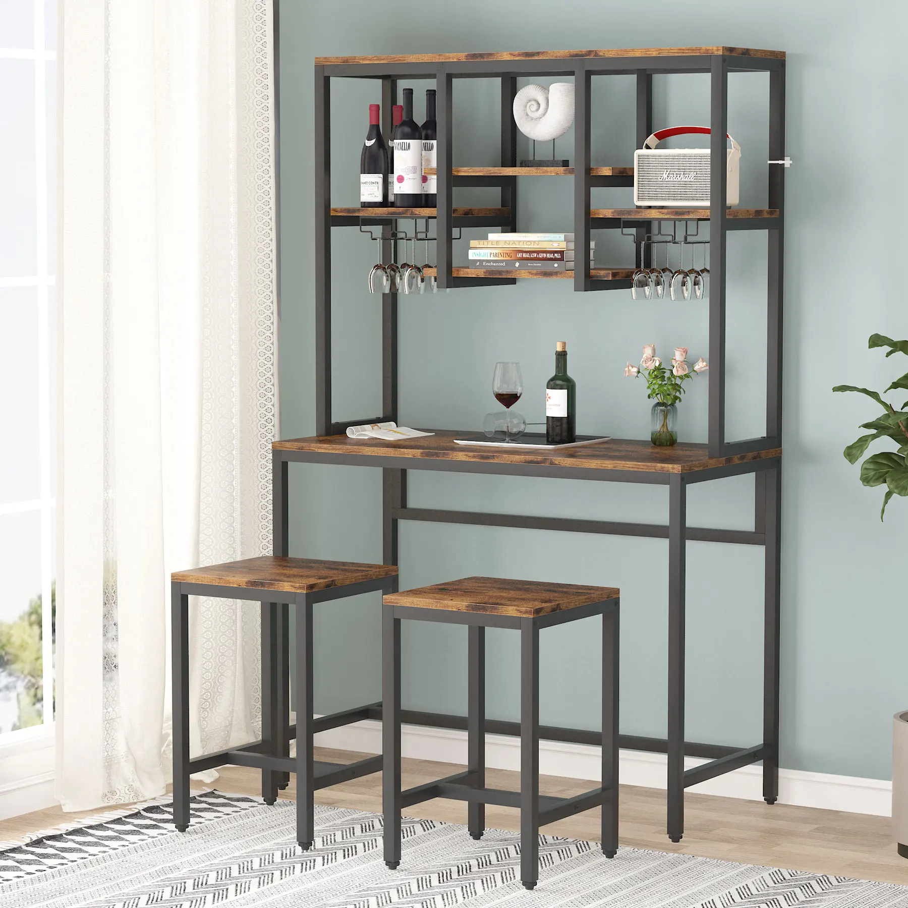 

Bar Table with 2 Chairs, Bar Desk with Hutch Storage Shelves, Bar Set with Glass and Bottle Holder, Pub Table