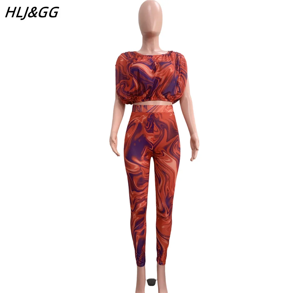 HLJ&GG Purple Red Fashion Mesh Print Skinny Pants Two Piece Sets Women Round Neck Sleeveless Crop Top + Pants Outfits Streetwear