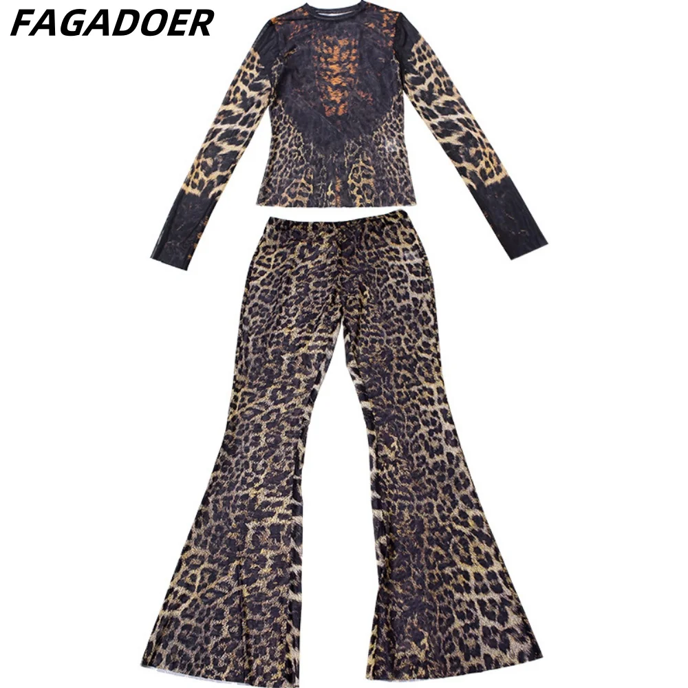 FAGADOER Sexy Leopard Two Piece Set for Women Long Sleeve Sheer Crop Tops and High Waist Flare Pants Outfits Hot Girl Streetwear