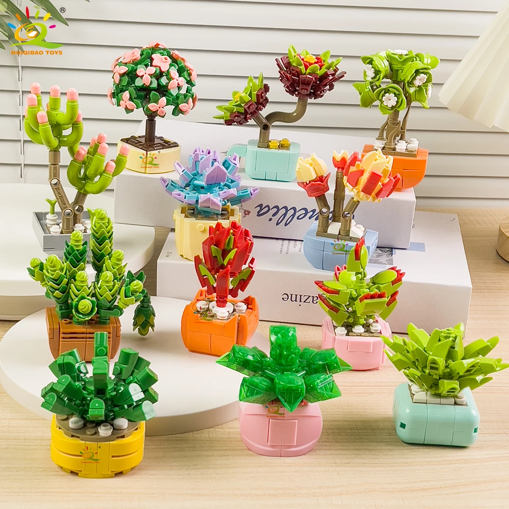 HUIQIBAO MOC Blume Sukkulenten Topf Modell Baustein DIY Ewiger Blumenstrauß Home Schreibtisch Pflanze Dekor Ziegel Mädchen Geschenk Kinder Spielzeug – Detail 5