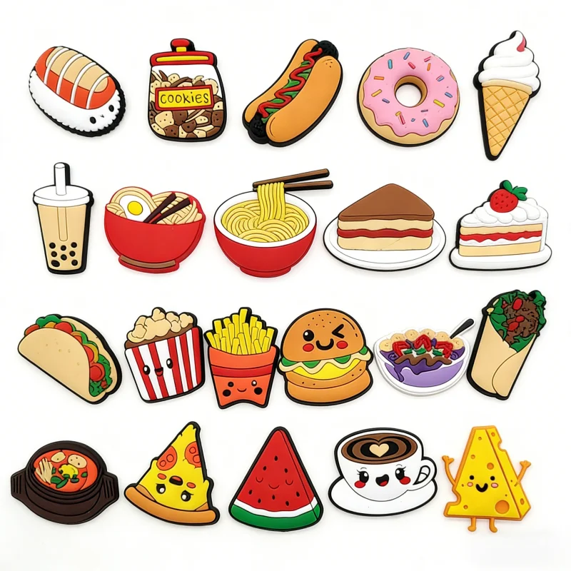 Cute Kawaii Food Shoes Charms Set Cartoon Burger Pizza Boba Shoe Accessories, PVC Clog Decorations for Sandals, Party Gifts