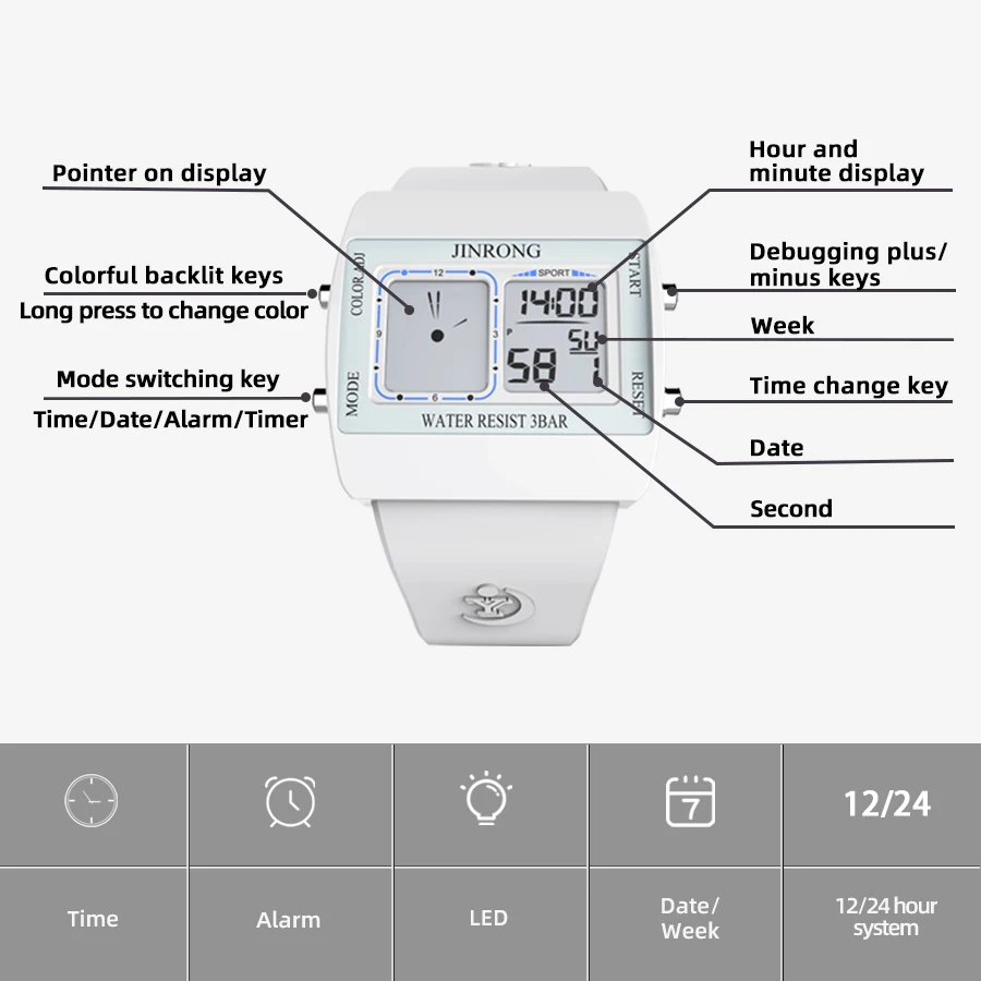 듀얼 디스플레이 남성 및 여성 스포츠 디지털 손목 시계, 방수 30M, 전자 구동 다기능 야외 시계