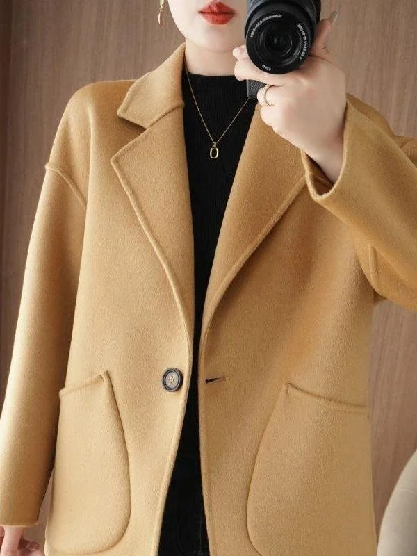 Cappotto Faionable double face da donna coreano di grandi dimensioni semplice capispalla in lana con un bottone in seta per l'autunno e l'inverno