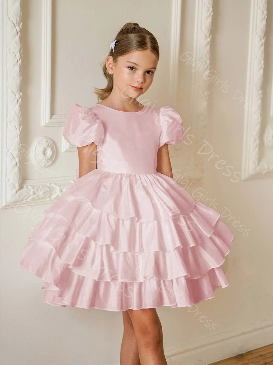Vestido de princesa personalizado para meninas, vestido de primeira comunhão com mangas bufantes em camadas de chiffon para festa de casamento, mini comprimento com laço