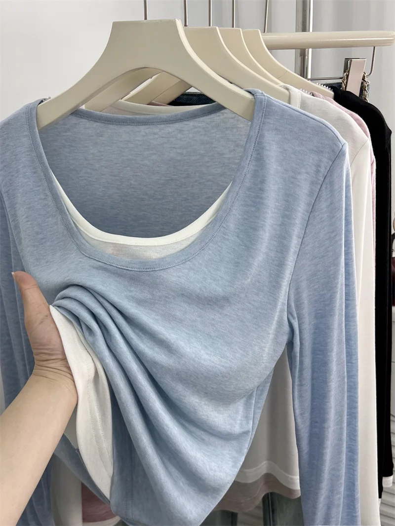 

Extra Large 300 Pou Fake Two-Piece Lyocell Silk Soft Long Sve U-Ne Loose Top Women Summer Faion Korean Sle T-irt