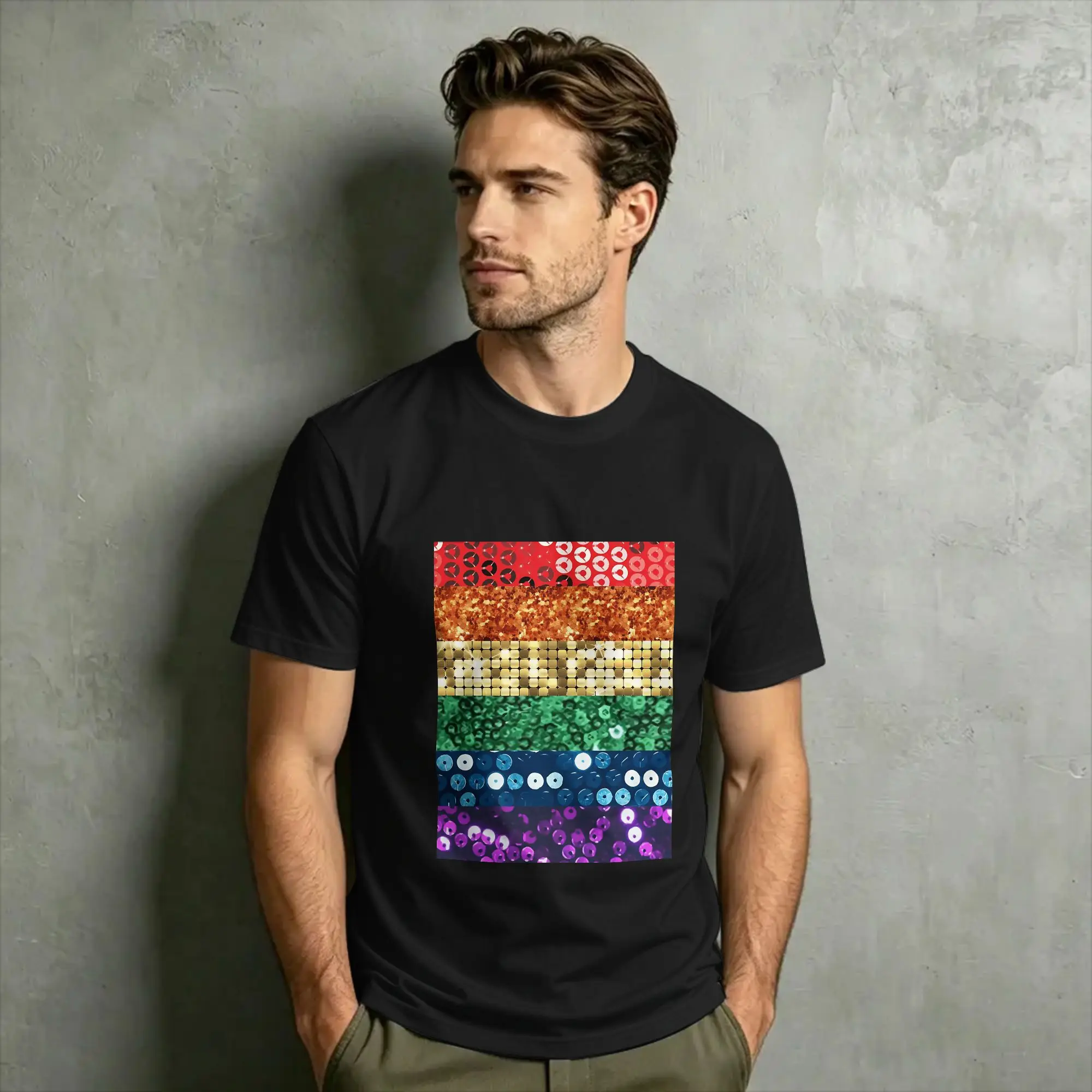 Men Photographic Image of Multi-colored Sequins T Shirt  100% Cotton Clothes Leisure Short Sleeve Gift Idea T-Shirts
