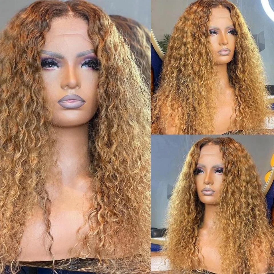 

26Inch 180%Density Long Honey Blond Kinky Curly Lace Front Wig For Women With Baby Hair Heat Resistant Glueless Daily Wear