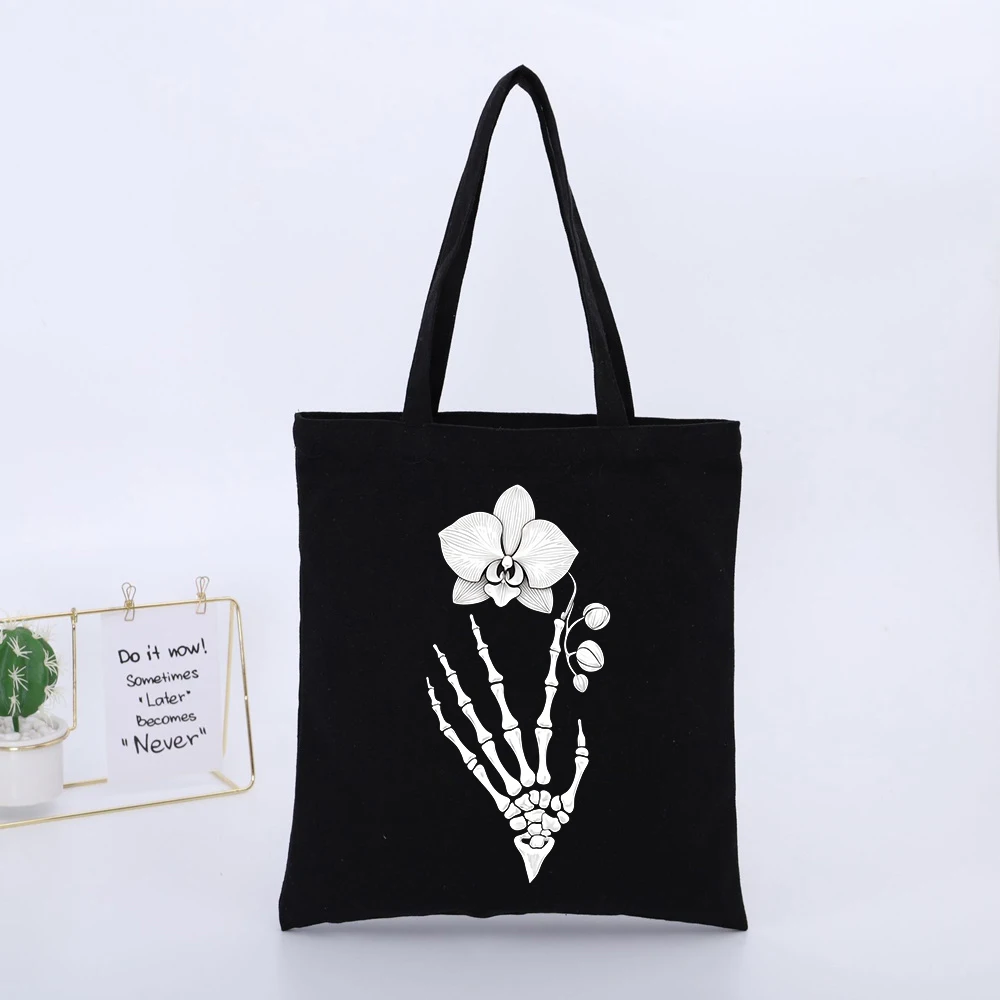 Men's Skeleton Hand with Orchid Print Canvas Tote Bag, Urban Style for Daily Shopping and Casual Outings