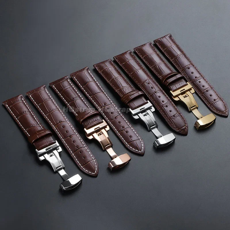 حزام من الجلد الطبيعي 18 مللي متر 20 مللي متر 22 مللي متر 24 مللي متر حزام الساعات مقاوم للماء مع صندوق فراشة مشبك Breacelet لسوار المعصم العالمي Seiko
