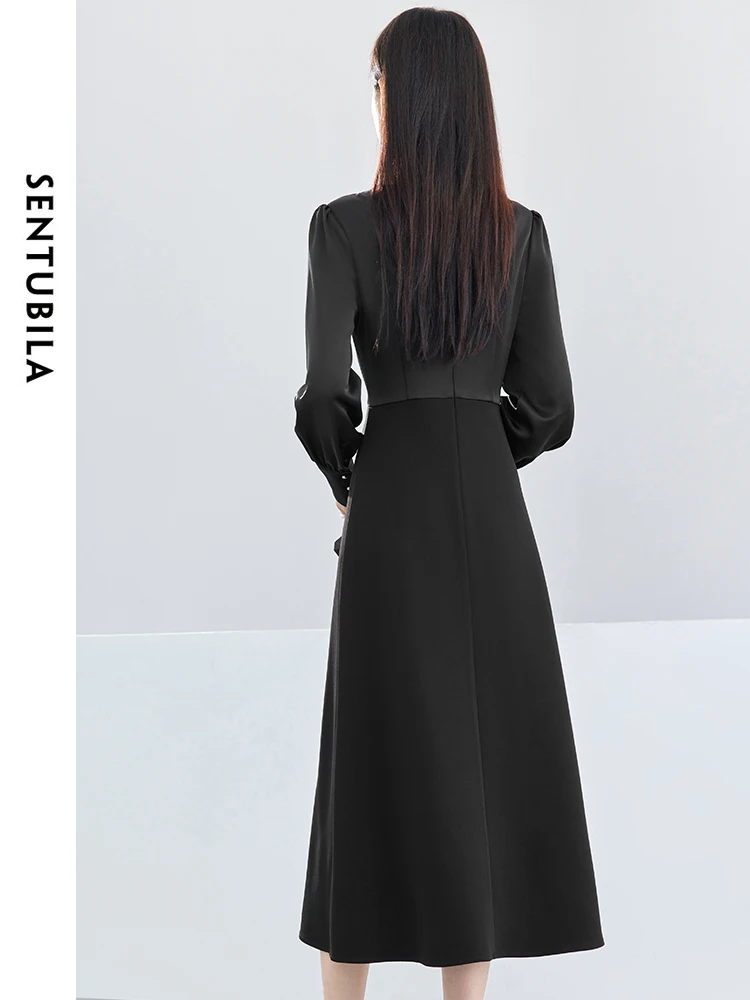 SENTUBILA Black Spliced V-neck Midi Dress Woman 2024 Elegant Solid Pullover Long Sleeve Spring Dresses Female Clothes 141L52952