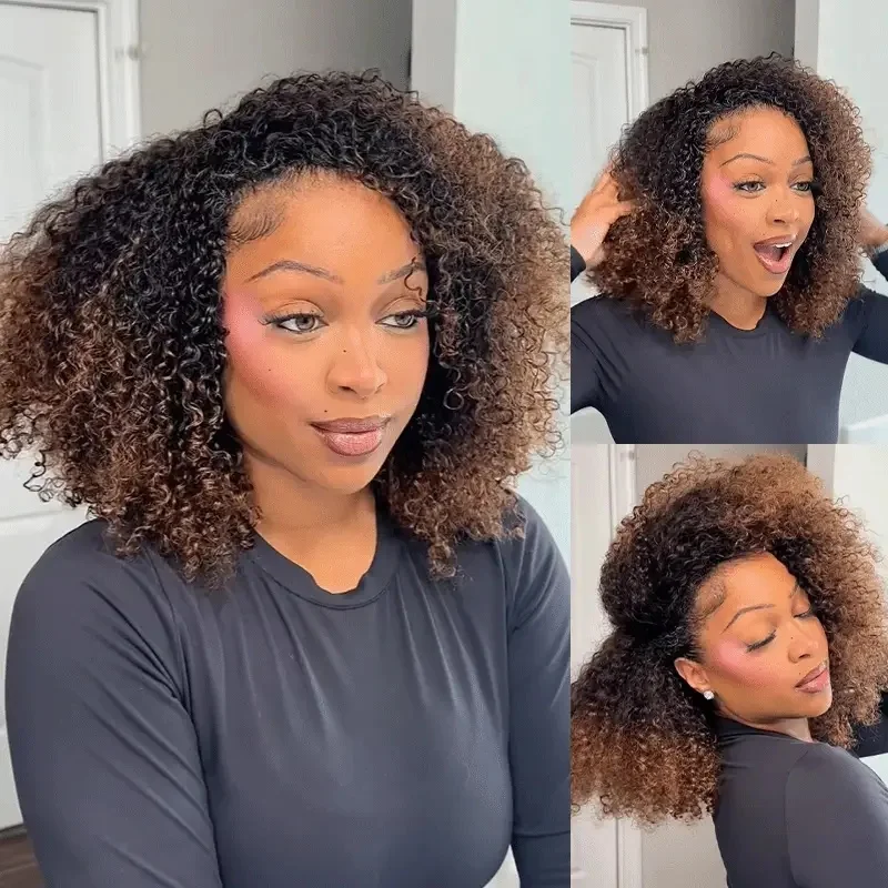 16 بوصة براون المياه مجعد الباروكات الأربطة نصف رئيس شعر مستعار البورمية مجعد شعر مستعار ملون للنساء 250 كثافة الوجه أكثر من نصف شعر مستعار