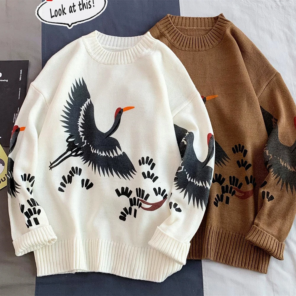 Crane Bird Y2K Print Vintage Sweaters for Men White Black Hip Hop Fashion Pullover Winter Autumn Streetwear Harajuku Long Sleeve