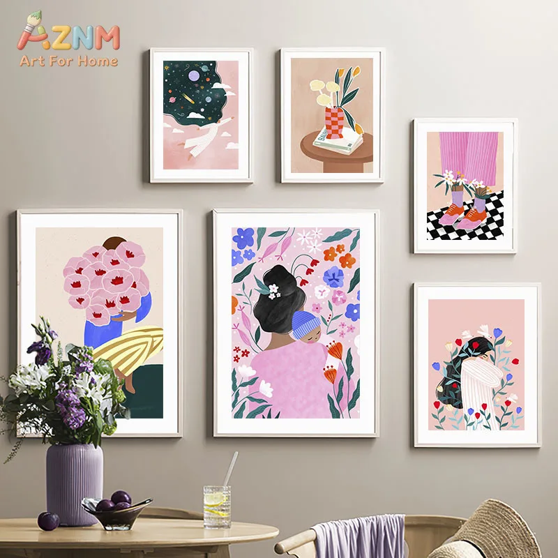 AZNM Colorful Boho Abstract Woman Floral Canvas Wall Art Hand Drawn Cute Figure Flower Art Print Aesthetic Living Room Decor Pos