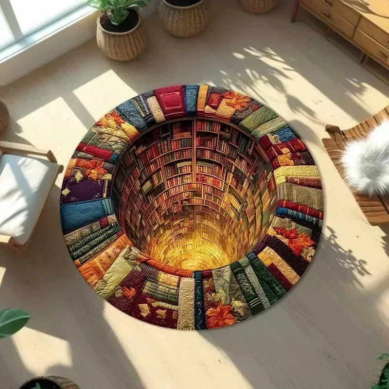 3D Illusion Vortex Bookshelf Round Soft Non‑Slip Floor Carpet Magic Book Tunnel Visual Mat for Living Room Bedroom Home Decor