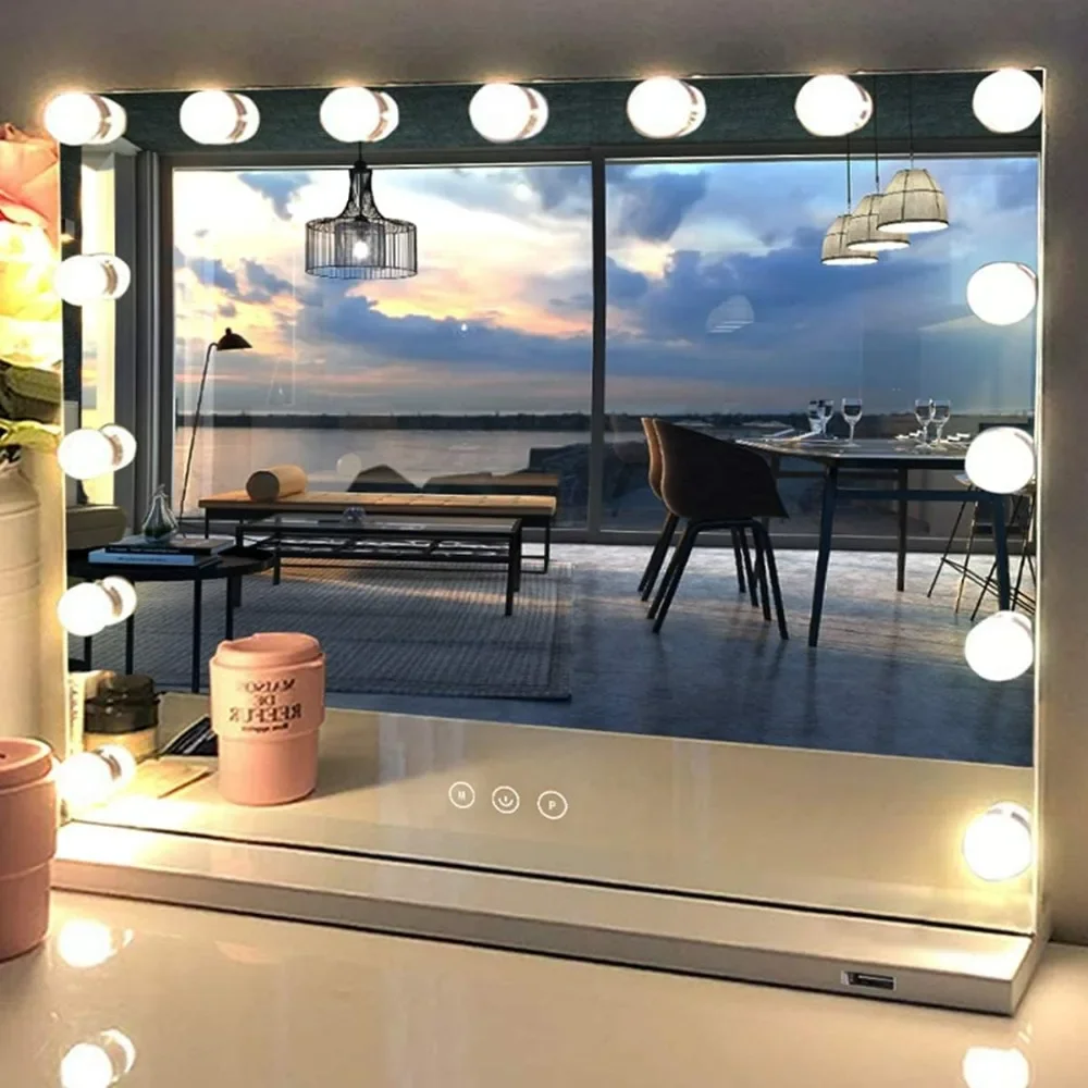 Vanity Mirror with Lights, 15 Lights Lighted Vanity Mirror Dimmable 3 Color LED Makeup USB Magnifier LED Light Up Makeup Mirror