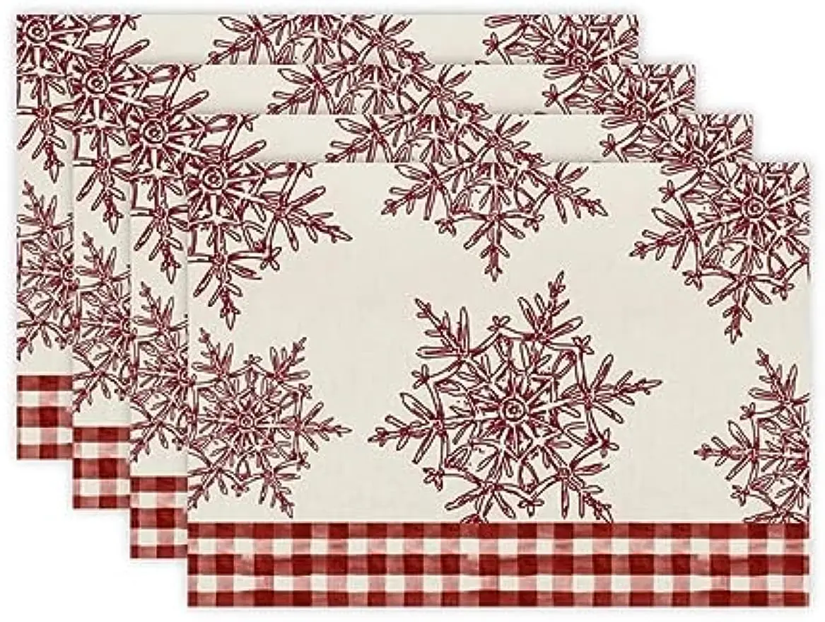 Christmas Red Snowflake Placemats 12X18 Inch Set of 4 Plaid Merry Christmas Let It Snow Mats for Winter Home Holiday Kitchen