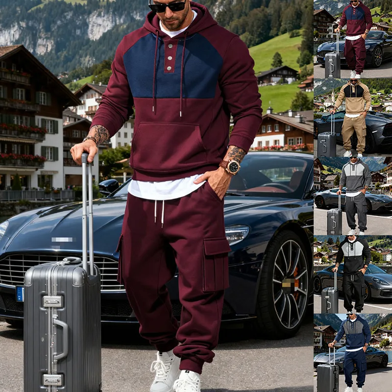 

Men's Heavy-Duty Fleece Hooded Sweatshirt Set Warm Outdoor Workwear Simple Fashionable Embroidered Light Luxury American Style