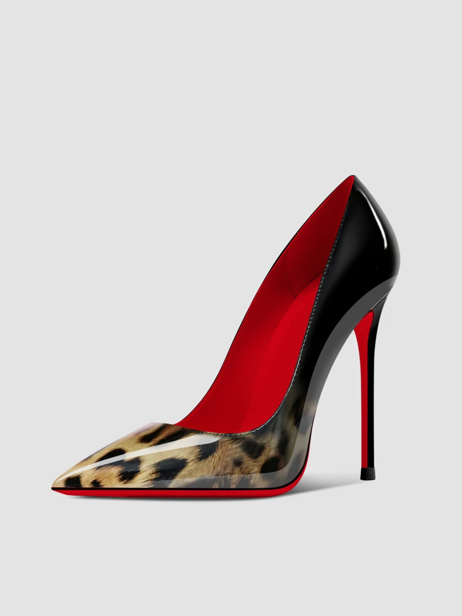 12cm leopard print red soled high-heeled shoes with a slim heel design for women, niche plus size sexy pointed single shoes