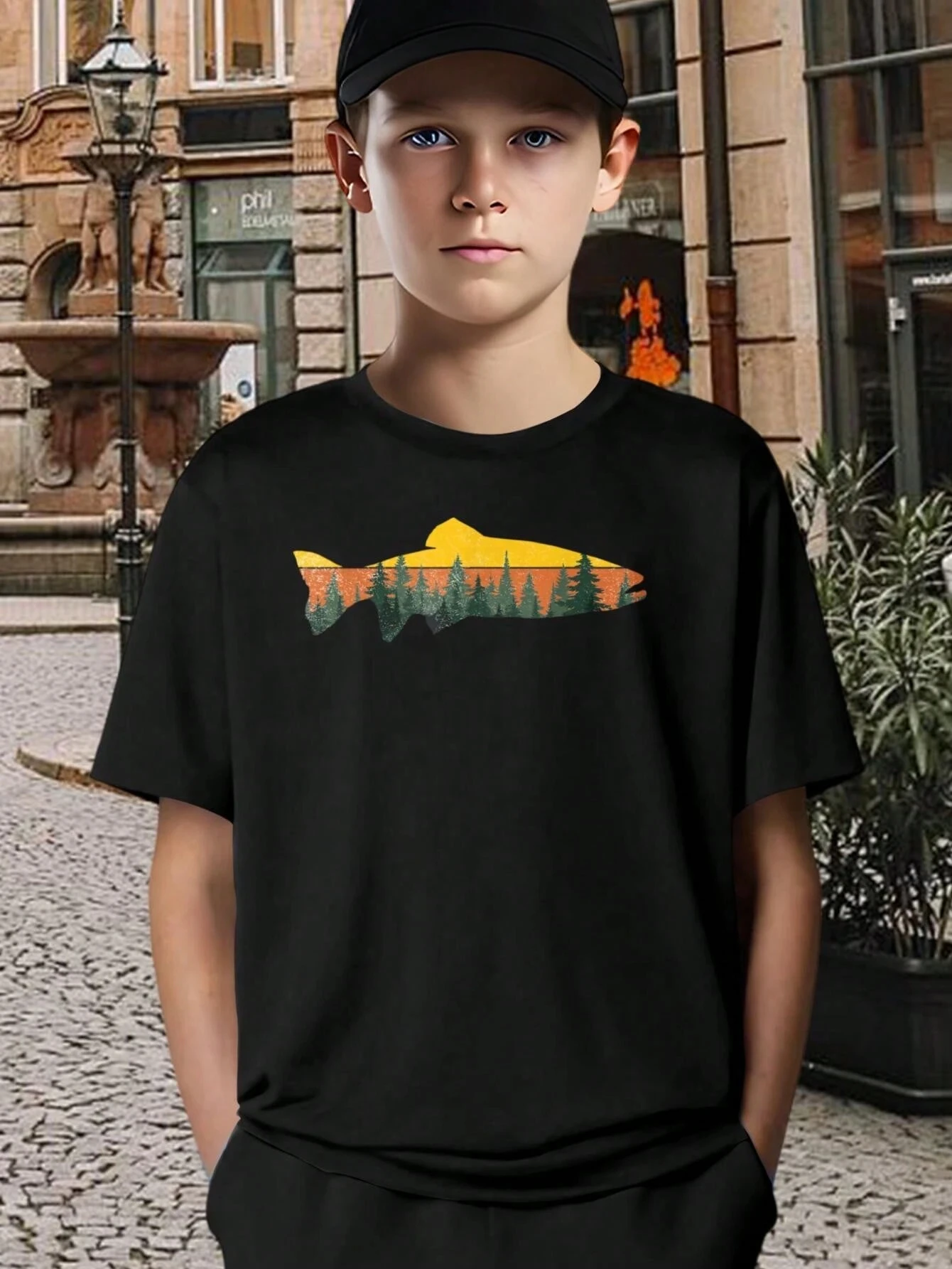 Creative Cute Cartoon  Fish Sunset Graphic Printed T-Shirt Kids Tee Summer Girl Boy Shirt Casual Tops Crewneck Clothing