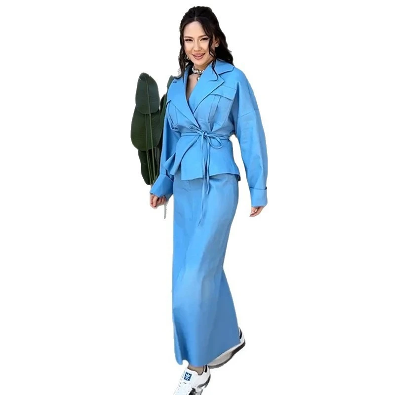 New Women's Clothing Europe America Amazon Cross-border Foreign Trade Irregular Long-sleeved Temperament Commuter Blue Skirt Set