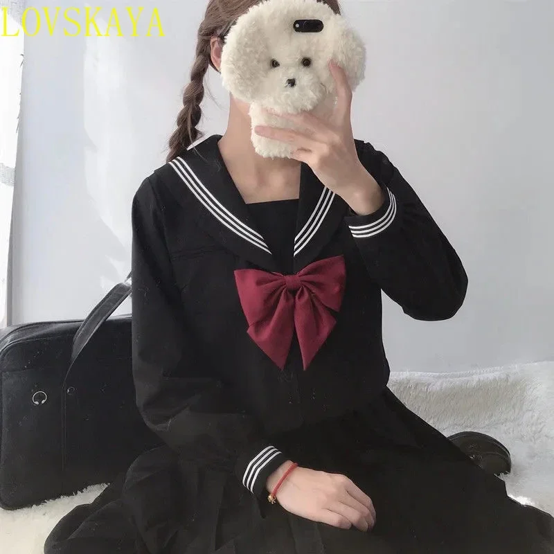 Japanese school uniform set Sailor JK basic cartoon girl navy sailor uniform black set navy clothing women's girl clothing