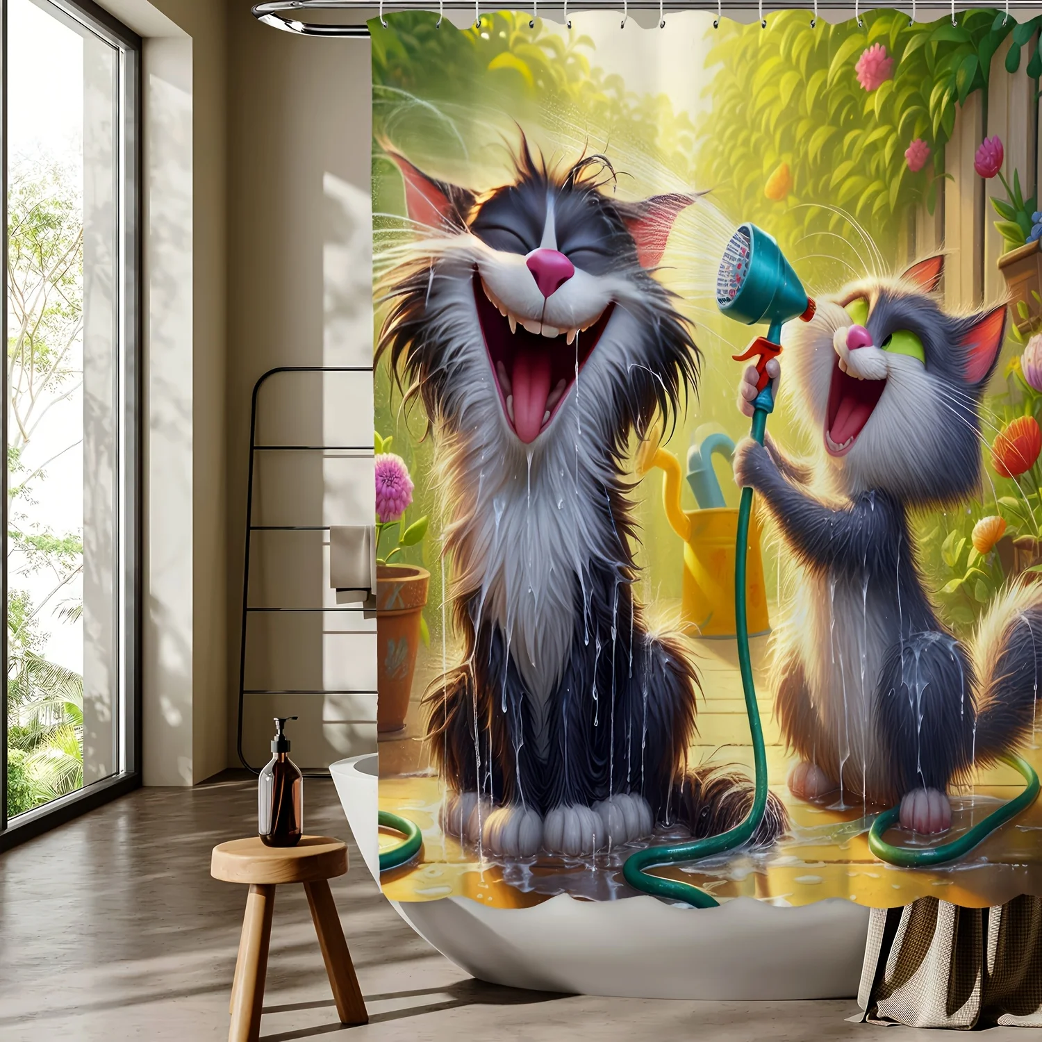 

Funny Cats Shower Curtain With Water Hose And Laughing Faces Cartoon Pet Art Decor Waterproof Bathroom Gift For Cat Lovers