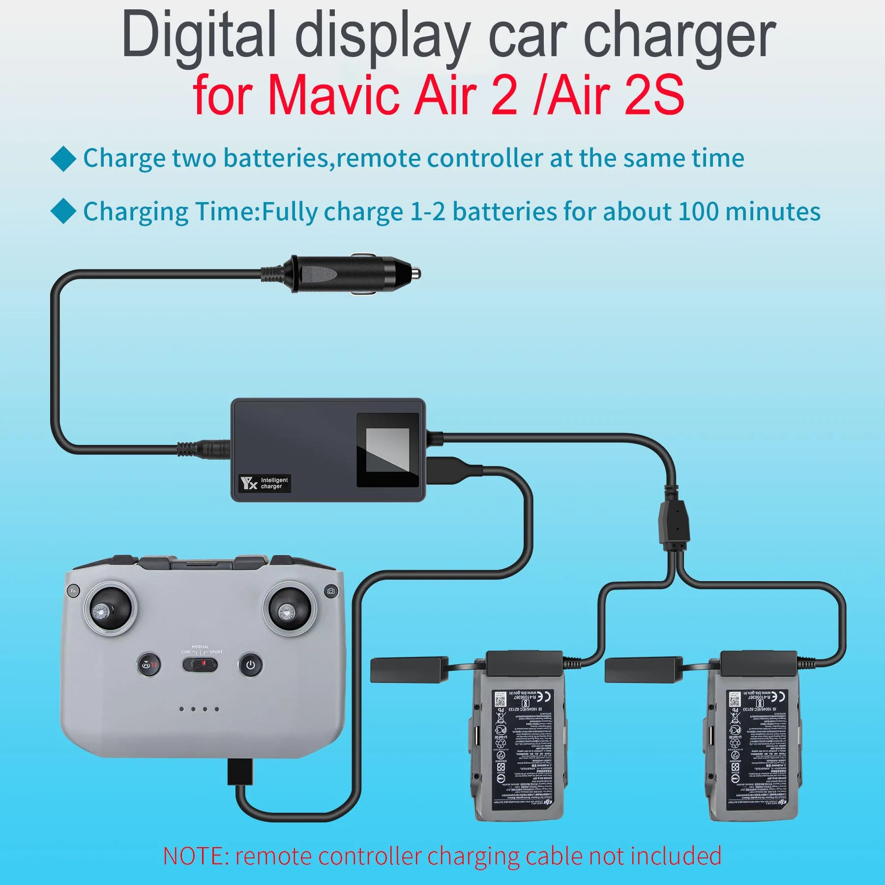 Caricabatteria da auto con display digitale per DJI Mavic Air 2 /Air 2S caricabatteria da veicolo con telecomando Hub di ricarica intelligente portatile