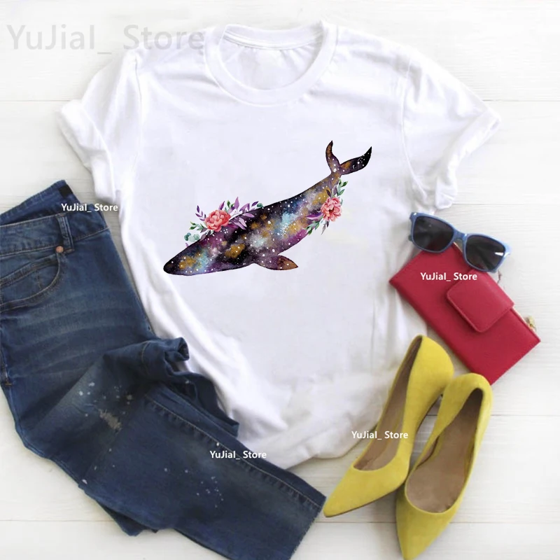 

Watercolor Dolphin Flowers Print T Shirt For Girls Beautiful White Tshirt Women Summer Fashion Tops Tee Shirt Femme Dropshipping