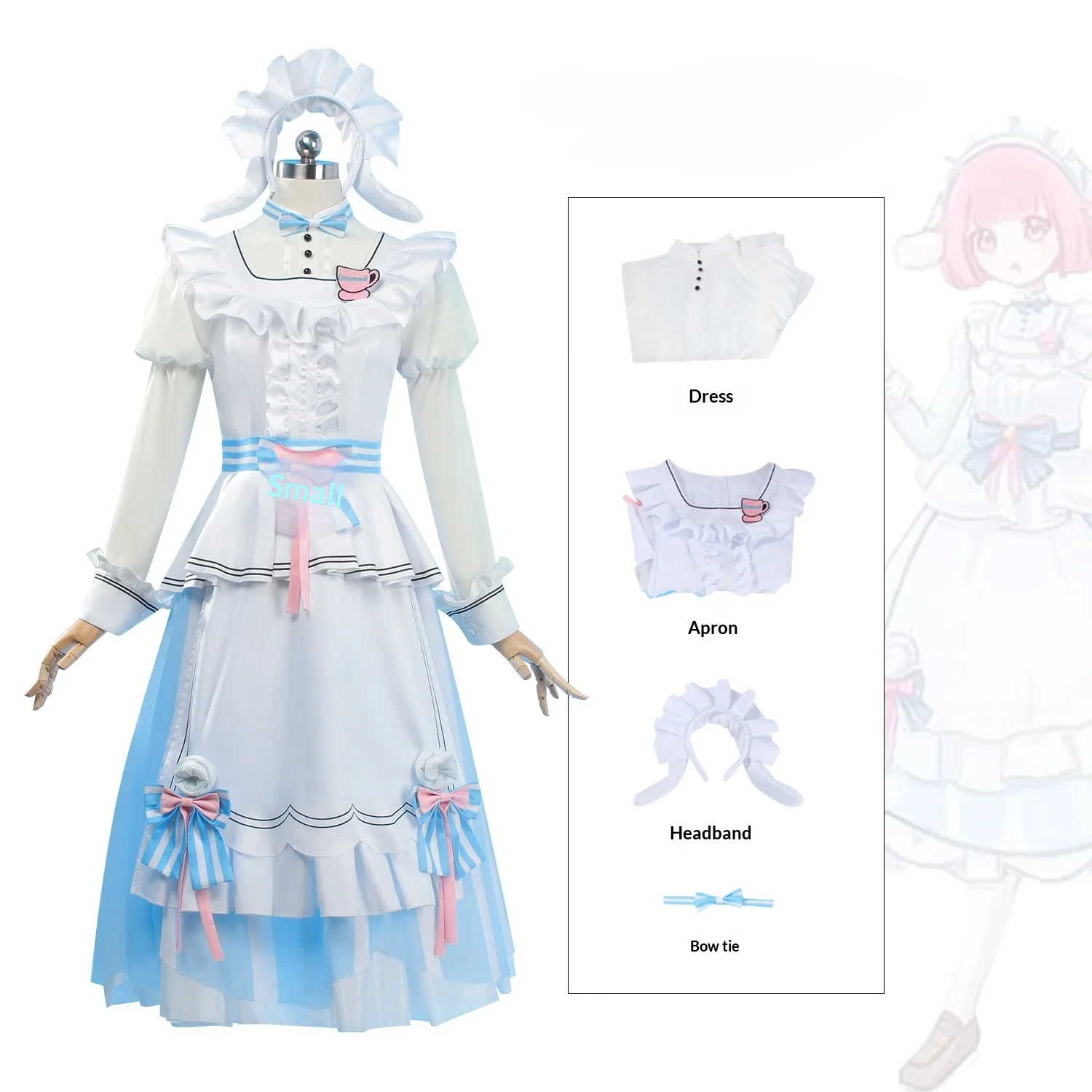 Otori Emu Cosplay Costume from Project SEKAI Blue White Maid Outfit with Hat, Bows and Cinnamoroll Badge for Women Girls Cosplay - view 5