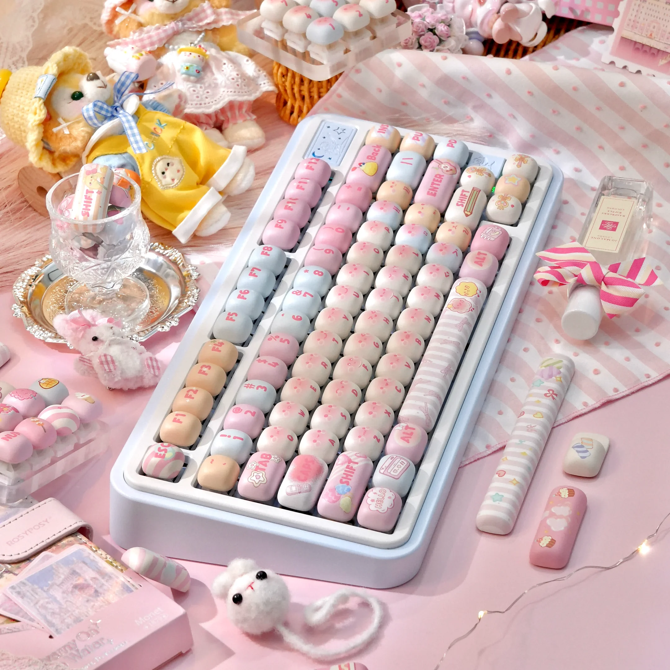 120 + Keys MOG Marshmallow Keycaps Steamed Bread Shape Round Cute Hot Sublimation PBT Girls Game Key Cap for Mechanical Keyboard