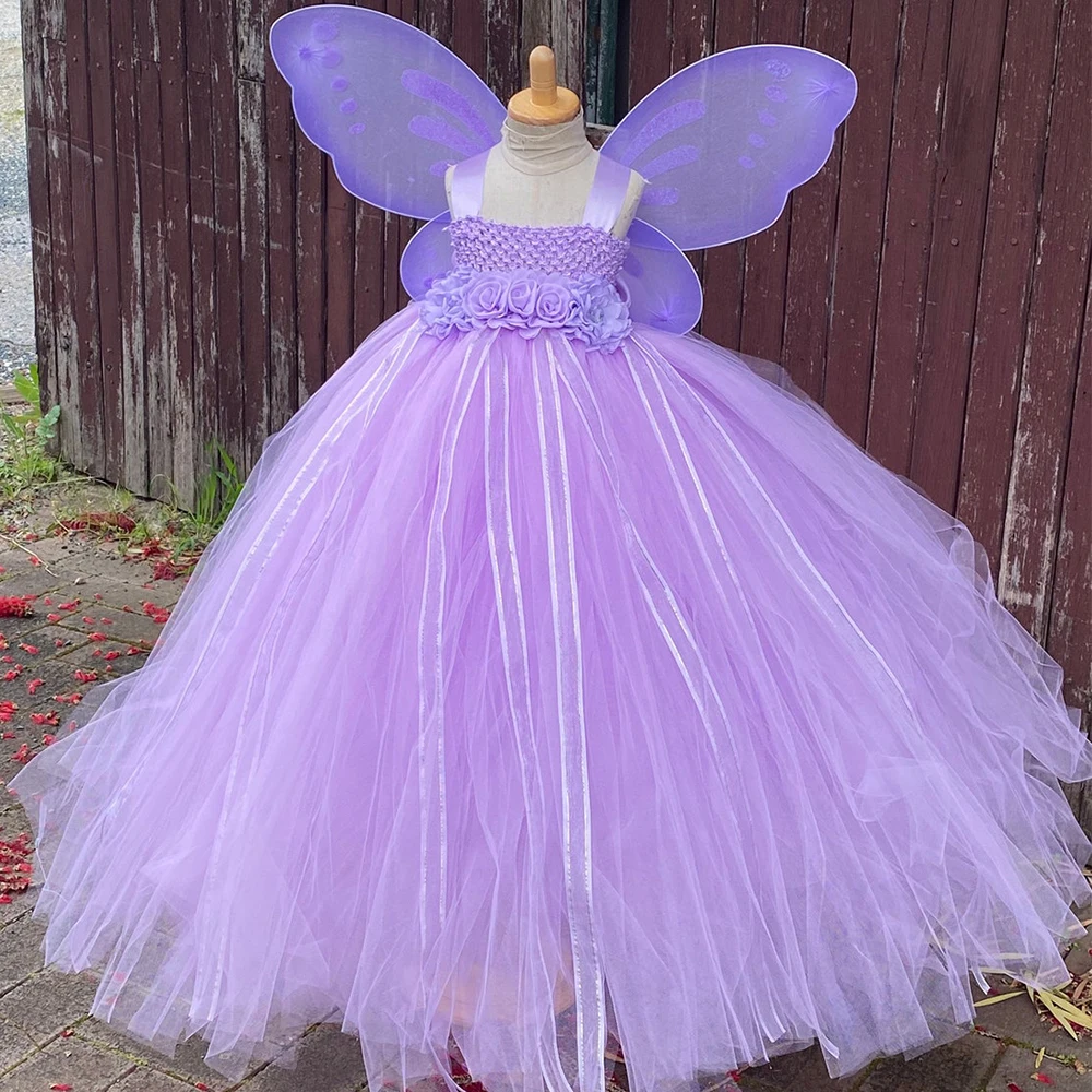 Ragazze lavanda farfalla fiore Tutu vestito bambini fata principessa abiti lungo abito da ballo con ala bambini festa di compleanno Costume