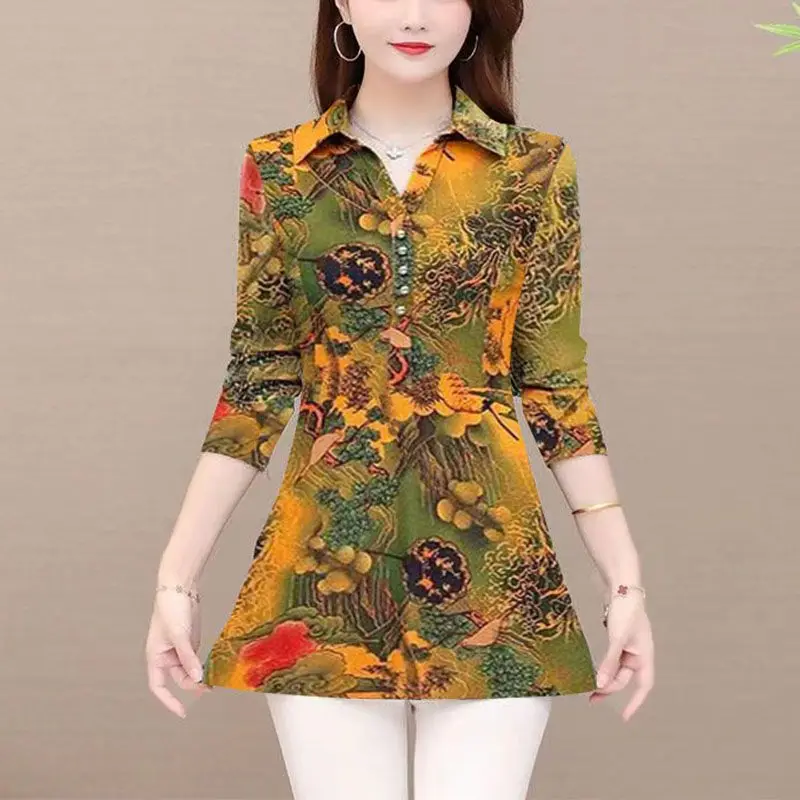 Fashion Turn-down Collar Button Shirt Female Clothing Folk Printed Vintage Floral Daily Casual Spring Autumn Long Sleeve Blouse