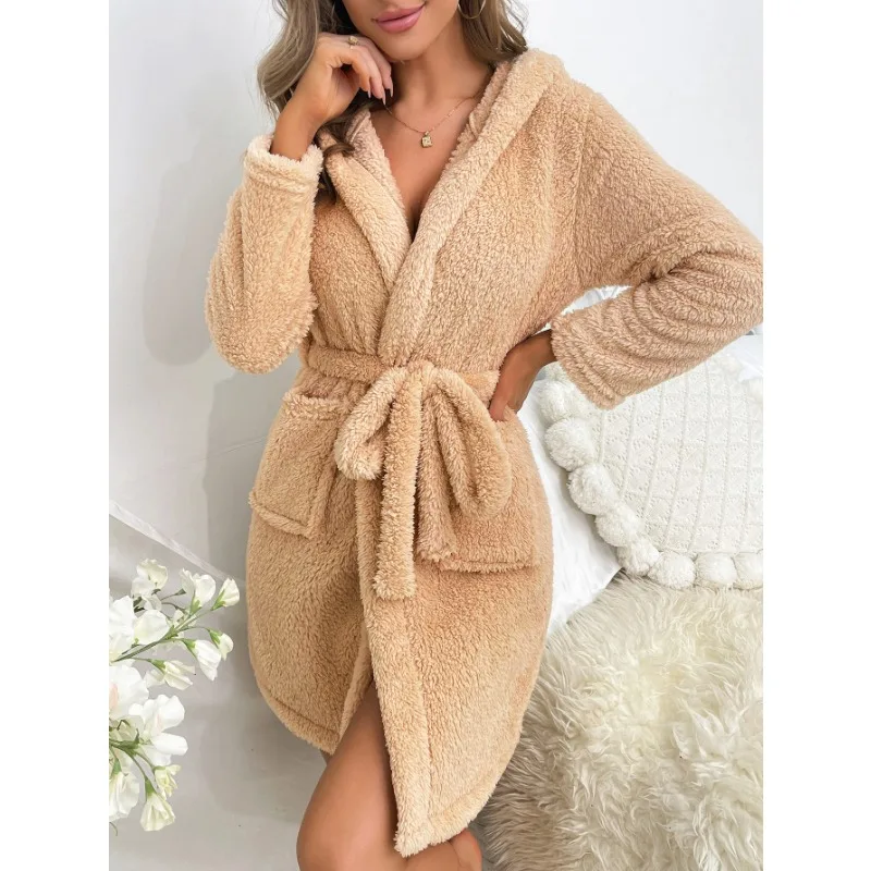 Khaki Flannel Women Robes Pajamas Nightgown Autumn Winter Long Sleeves Europe and America Style Casual Pyjamas Soft Pijamas Cozy