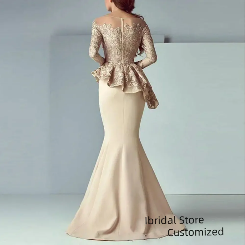 Customized Dubai Arabic Champagne Lace Stain Peplum Mermaid Mother of the Bride Dresses Long Sleeve Evening Formal gowns