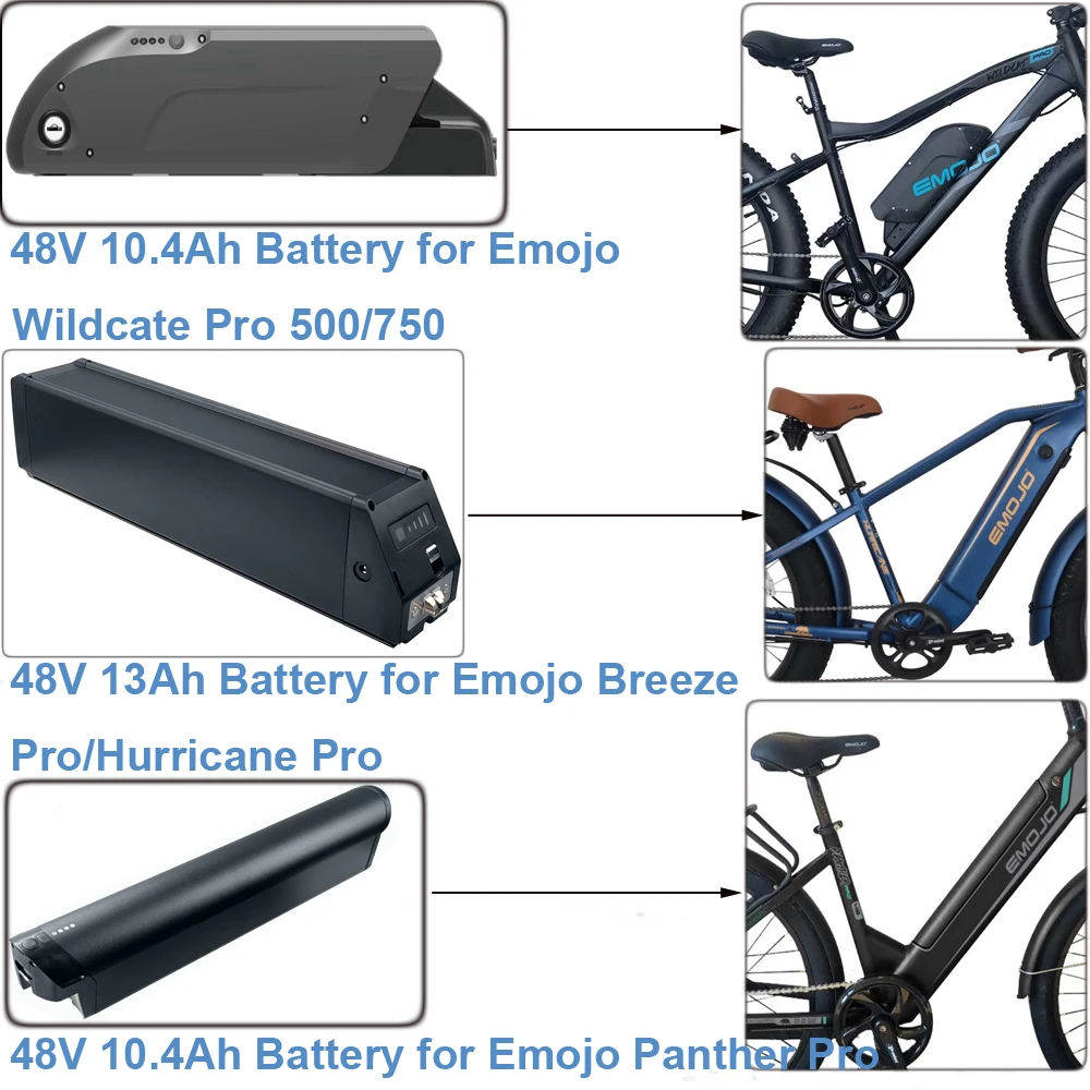 

Lithium-ion Ebike Battery 48V 10.4Ah 13Ah 500W 750W Electric Cruiser Bike Battery Emojo Breeze Hurricane Panther Pro 500 750