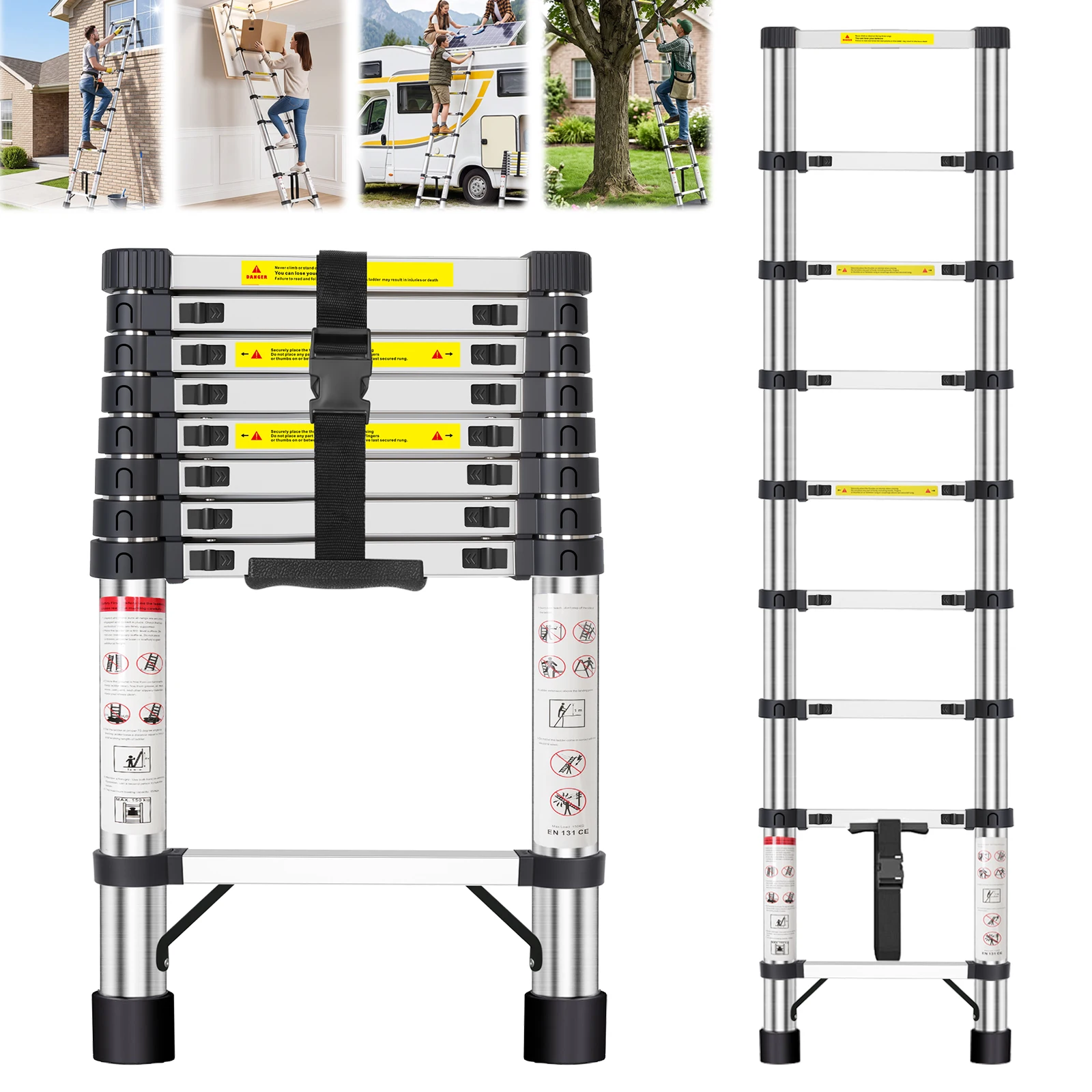Scala telescopica in acciaio inossidabile, disponibile nelle misure 4,4 m, 3,8 m, 3,2 m e 2,6 m, scala pieghevole con capacità di carico di 150 kg, scala portatile e sicura, adatta per lavori di