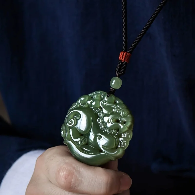 Natural Hetian Jade Lake Green Double Sided Pixiu Pendant Necklace for Men and Women Premium Jade Amulet Necklace Gifts