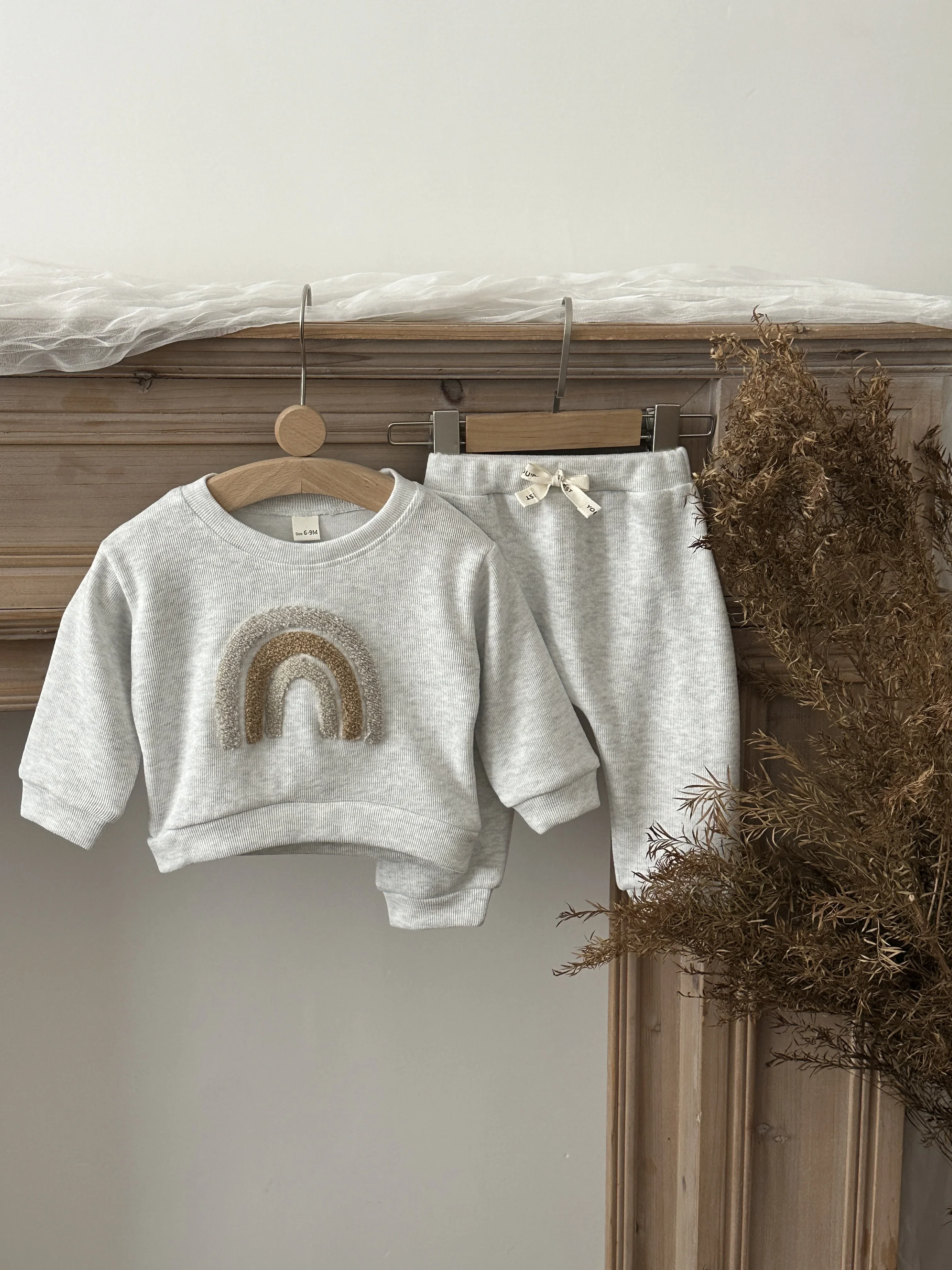Vintage Brown Rainbow Applique Infant Clothes Set Waffle Knit Long Sleeve Top Elastic Waist Pants Unisex Spring Daily Wear