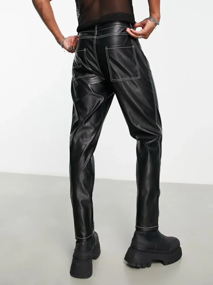 Men's Leather Pants Straight Leg Pants Autumn And Winter New Men's And Women's Dark Seam White Line Casual Large Pants