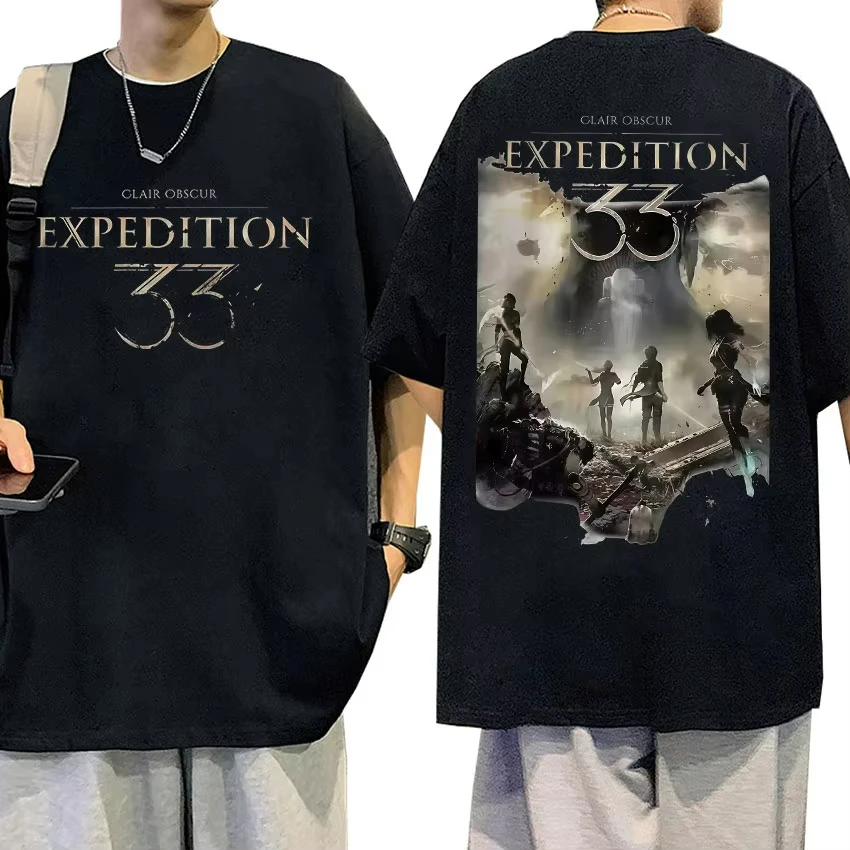 Juegos de verano Esquie Clair Obscure Expedition 33 camiseta con patrón para hombres Y2K moda de lujo cómoda calidad camiseta de gran tamaño