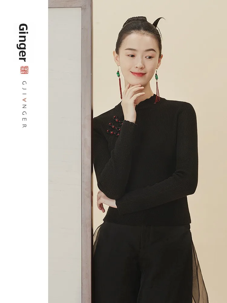 

Original Women's Short Sweater Autumn New Chinese Style Stand Collar Asymmetrical Hem Versatile Fashionable Commute Style Kni...