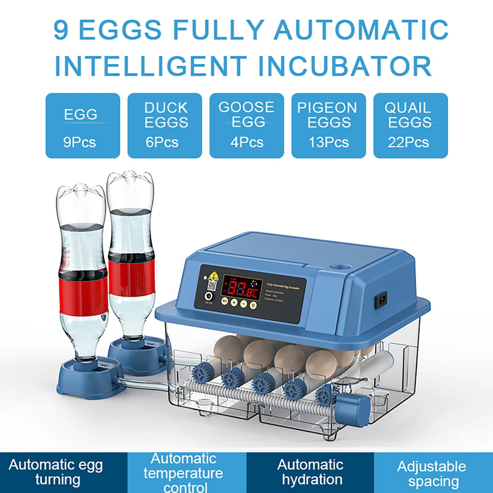 Imagem -06 - Incubadora de Ovos Totalmente Automática Leito Aquático Iônico Reabastecimento de Água Controle de Temperatura Máquina Hatcher Uso em Bateria 12v 15 Ovos