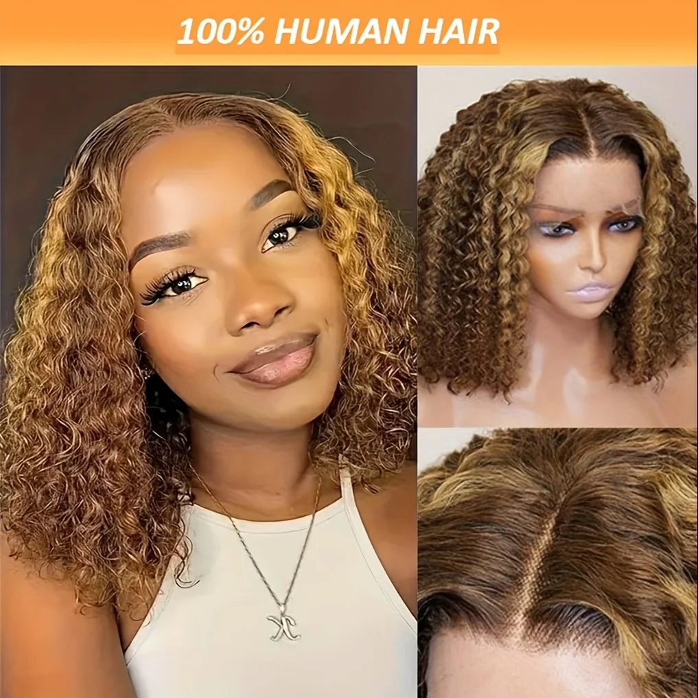 

Deep Wave 13x4 Lace Human Hair Wig - 150% Density Short Bob Cut With 4/27 Highlight Ombre, Natural Look Curly Wigs For Women