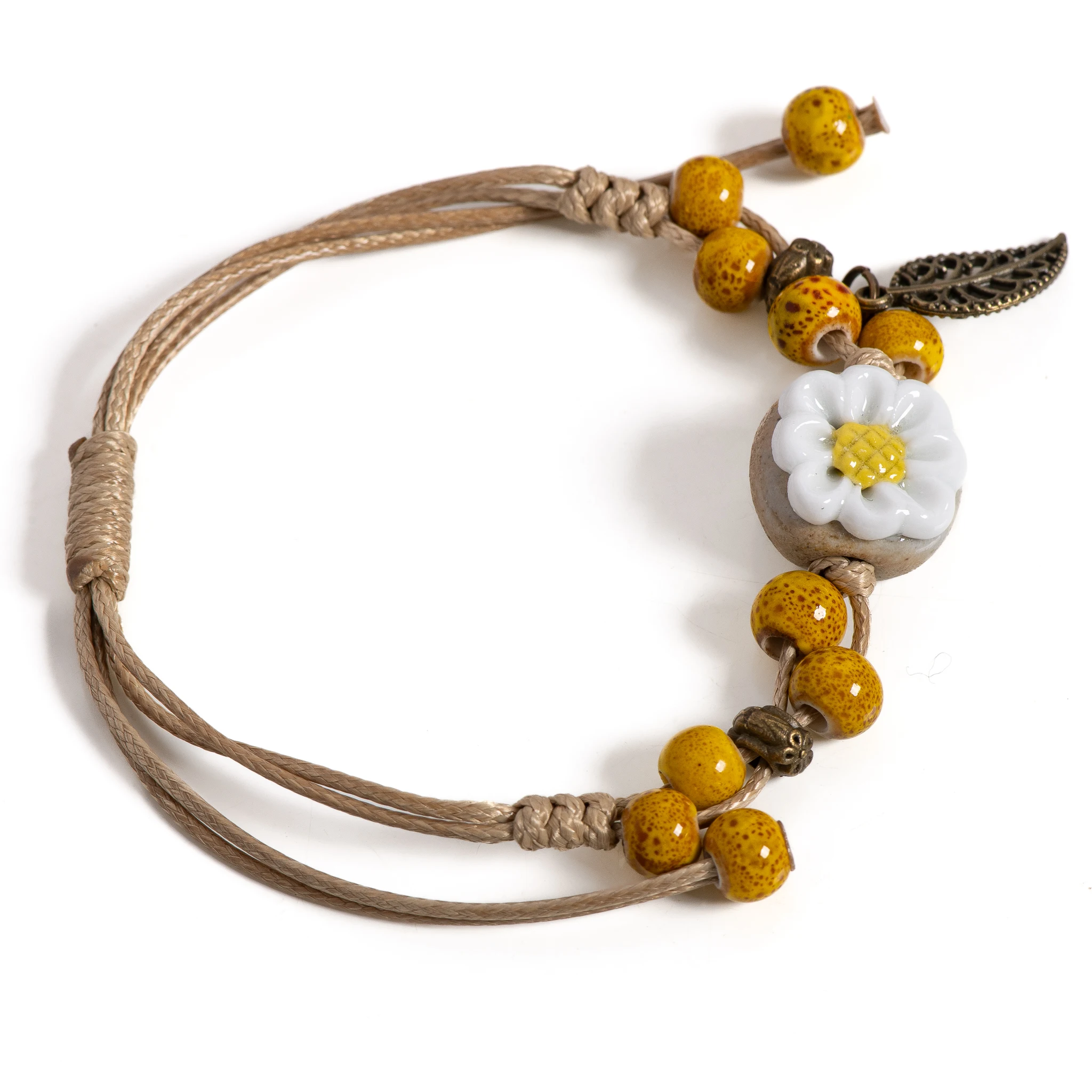 Handmade Sunflower Leaf Ceramic Bracelet Boho Adjustable Jewelry for Women Vintage Ethnic Gift S02-016