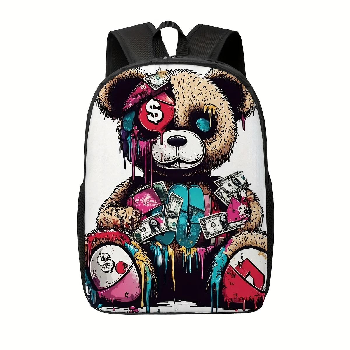 

1 Stylish Dollar Bear Graffiti Adult Backpack | Large Capacity, Spacious Backpack with Zipper, Fun Dollar Bill Pattern Available