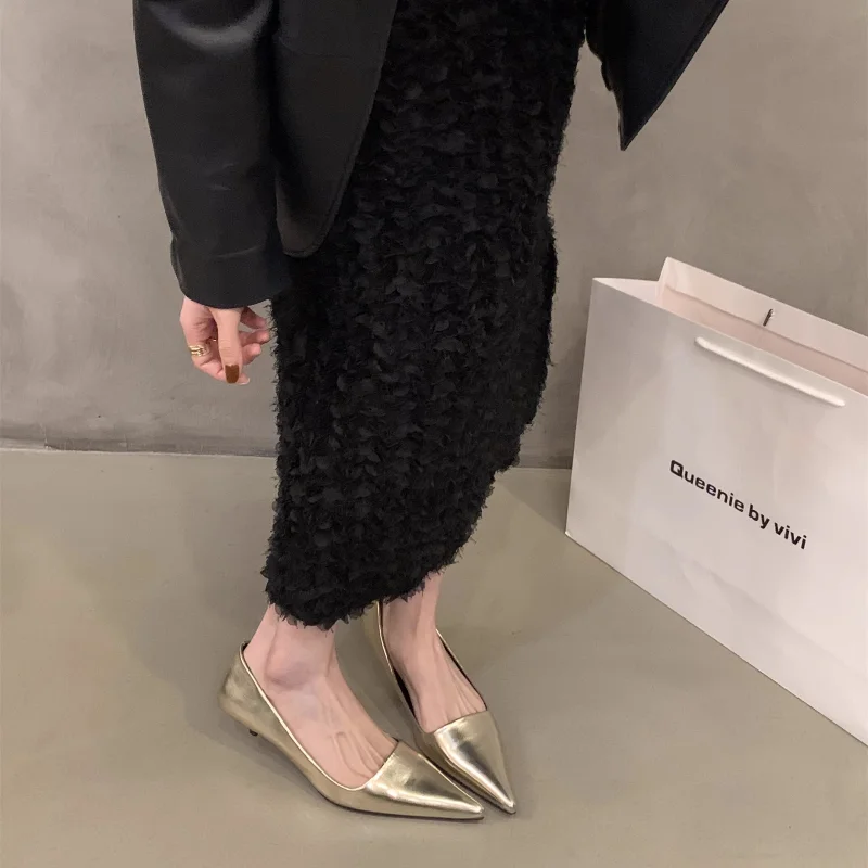 2024 New Women Low Kitten Heel Single Shoes,Fashion Low Heels,Out Slip on,35-39,Black,Gold,Silver, womens shoes gold heels