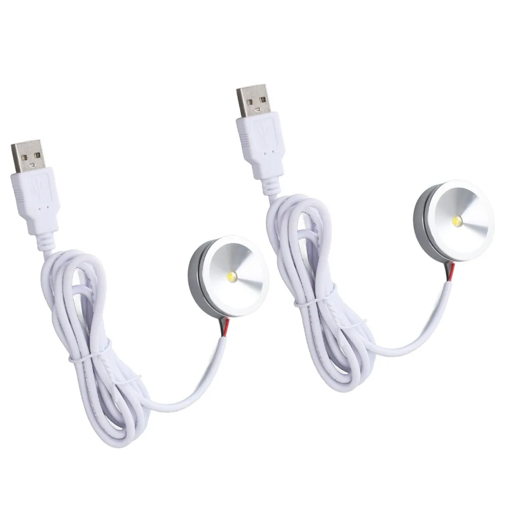 2pcs 5V Small LED Showcase Lamps 1W Round USB Mini Spotlights 4.92ft Cable 100-110lm LED Mini Spotlights Cabinet Lighting