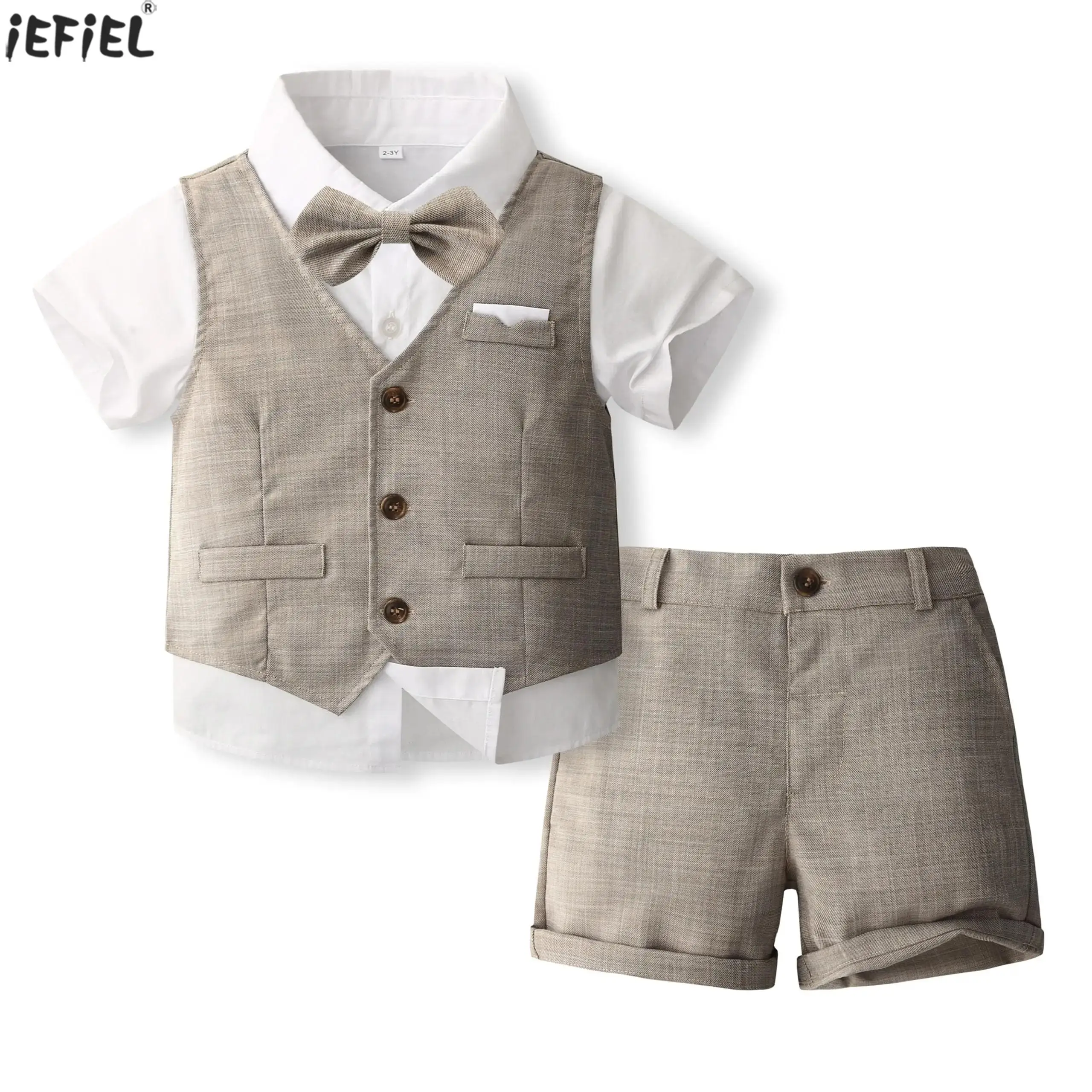 

Baby Boys Formal Gentleman Suit Short Sleeve Bowtie Shirt with Waistcoat Shorts Baptism Wedding Birthday Party Summer Clothes